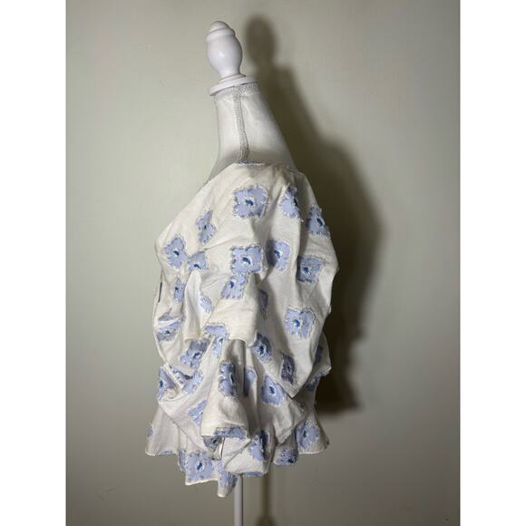 Caroline Constas White Light Blue Floral Top Sz L - Picture 2 of 4